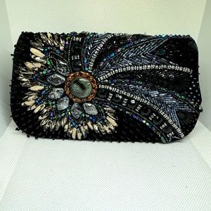 Expressions NYC Black velvet beaded purse evening purse removable chain